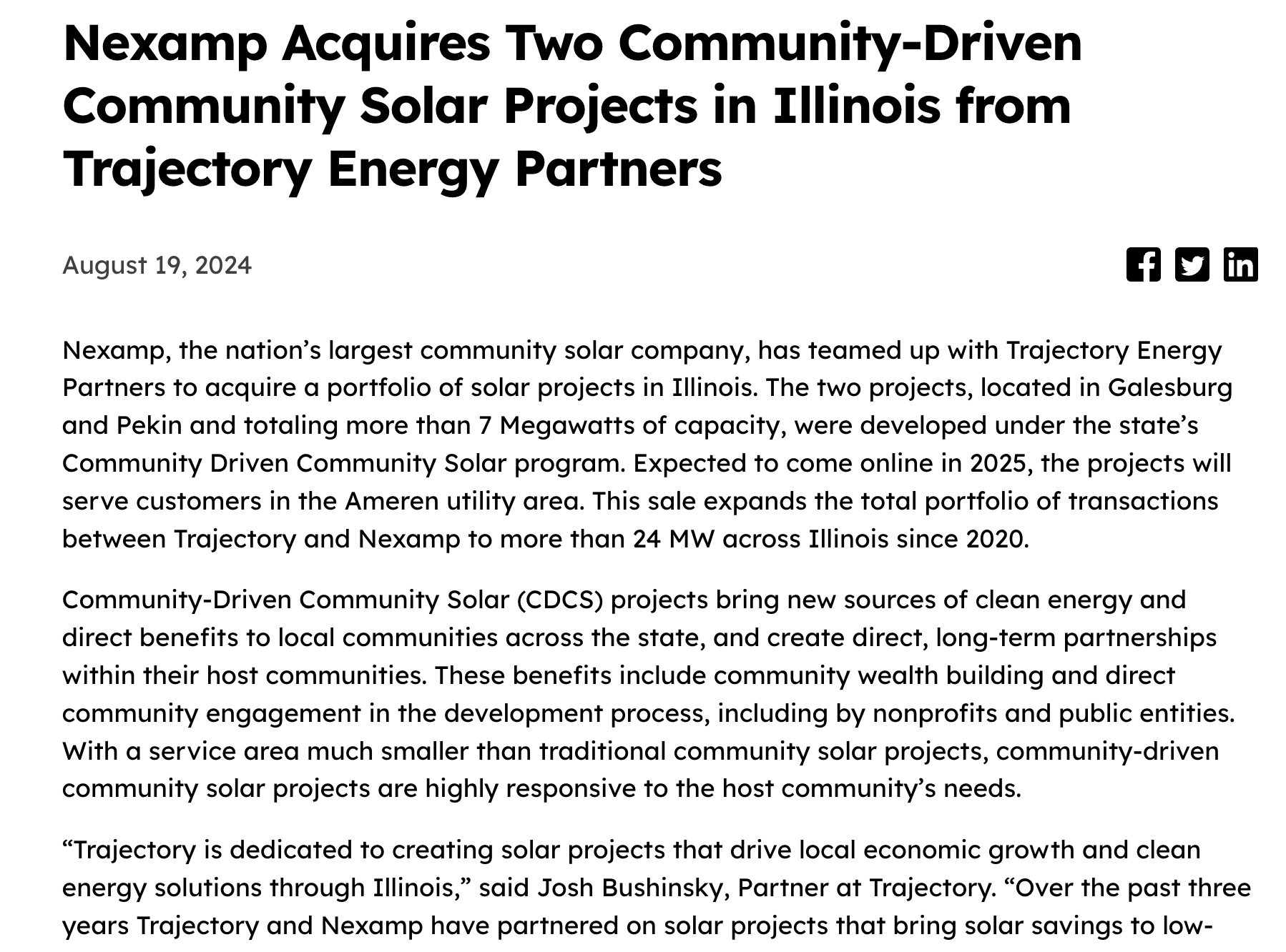 Nexamp Acquires Two Community-Driven Community Solar Projects in Illinois from Trajectory Energy Partners